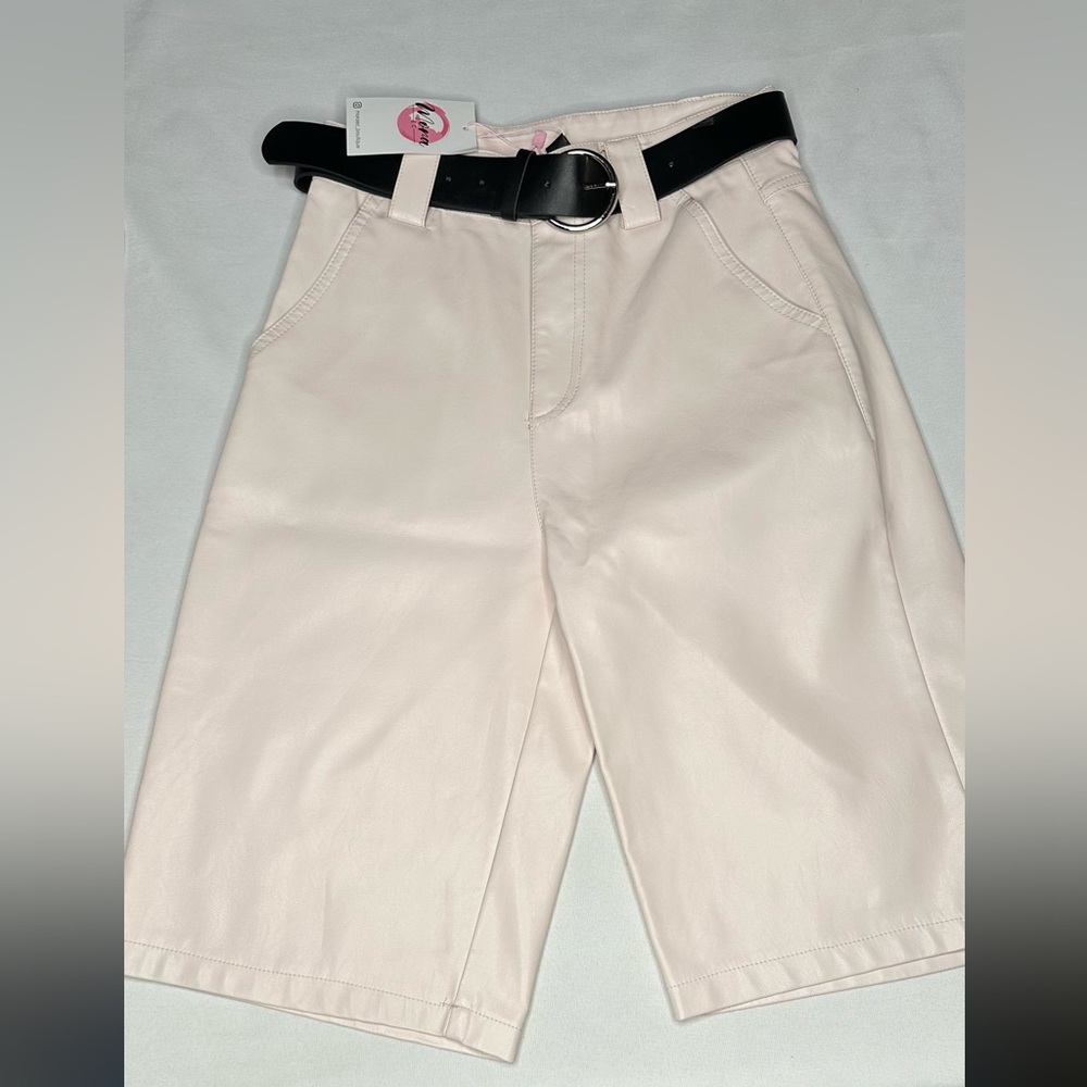 Cream Faux Leather Bermuda Shorts